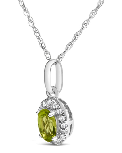 10K White Gold 5x3mm Gemstone and Diamond Accent Halo Oval Shape 18" Pendant Necklace (I-J Color, I1-I2 Clarity)