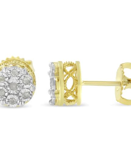 10K Yellow Gold over .925 Sterling Silver 1/7 Cttw Rose-Cut Miracle-Set Diamond Floral Cluster Button Stud Earrings (I-J Color, I3 Clarity)