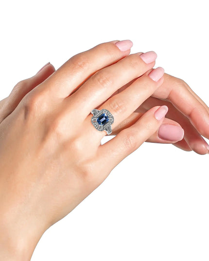 .925 Sterling Silver Diamond Accent and 8X6 mm Emerald-Shape Blue Topaz Ring (I-J Color, I2-I3 Clarity)