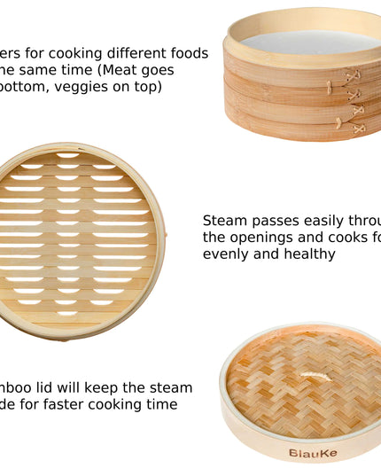 Bamboo Steamer 2-tier 10 Inch With Chopsticks, Tongs, 50 Liners
