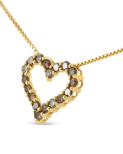 14K Yellow Gold Plated .925 Sterling Silver 1.0 Cttw Champagne Diamond Heart Pendant Necklace (K-L Color, I1-I2 Clarity) - 18"