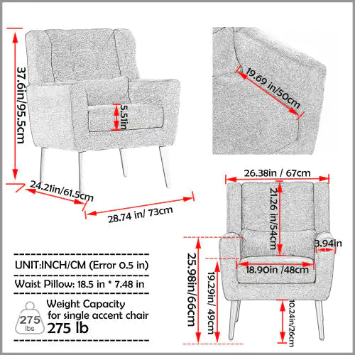 Contemporary Teddy Fabric Lounge Chair – White Upholstered Armchair for Bedroom or Living Room