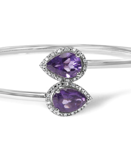 .925 Sterling Silver 8 x 5.5mm Pear Shape Amethyst  and Diamond Accent Halo Bypass Bangle Bracelet (H-I Color, SI1-SI2 Clarity)  - Fits up to 7" Inches