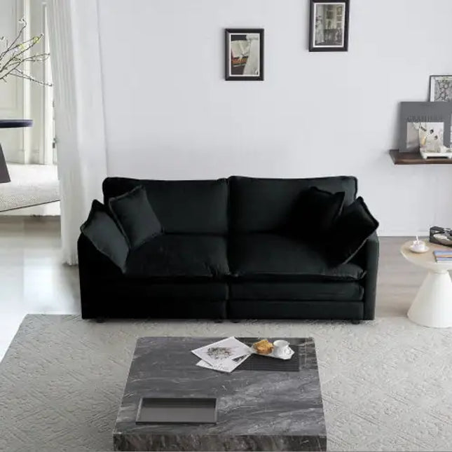 Large Black Chenille Loveseat Sofa, Deep Seat, 2-seat, 4 Pillows