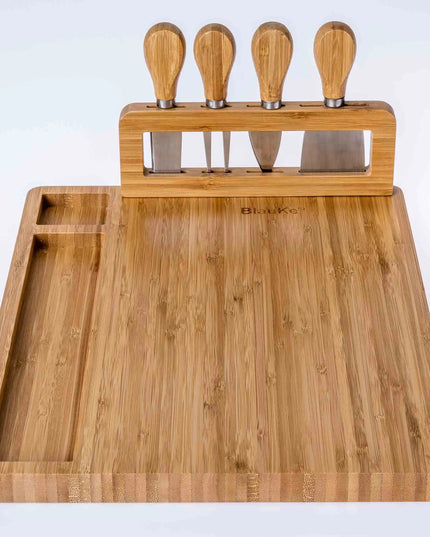 Bamboo Cheese Board Set - 14x11 Inch With 4 Knives - Wood Tray