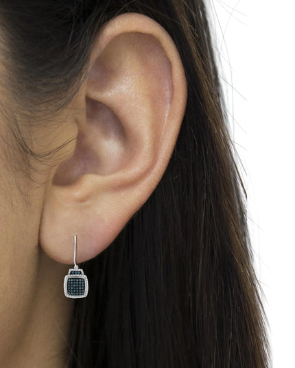 Black Rhodium over .925 Sterling Silver ¾ Cttw Blue and White Diamond Cushion Shaped Dangle Earrings (Enhanced Blue & I-J Color, I2-I3 Clarity)