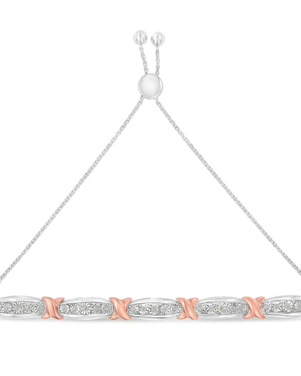 .925 Sterling Silver 1/4 Cttw Round-Cut Diamond X & Tapered Bar Miracle-Set Bolo Bracelet (I-J Color, I3 Clarity) - Two Tone Rose Gold & Silver