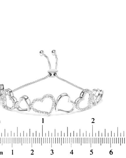 .925 Sterling Silver 1/4 Cttw Diamond Open Heart Link Adjustable Bolo Bracelet   (I-J Color, I2-I3 Clarity) - 4 to 10 Inches