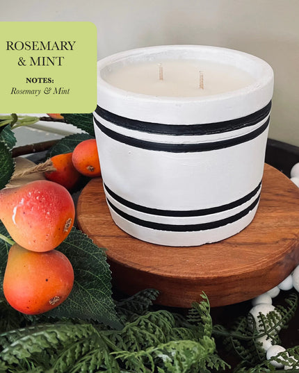 Luxury Small Striped Stone Designer Candle - Rosemary & Mint