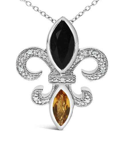 .925 Sterling Silver Marquise Onyx and Citrine and Diamond Accent Fleur De Lis Pendant Necklace (H-I Color, SI1-SI2 Clarity) - 18"