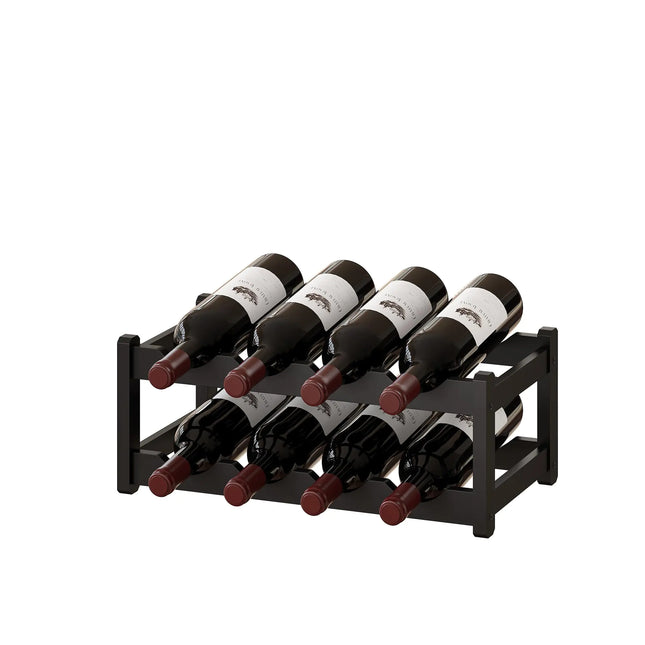 2-Tier Bamboo Wine Rack – Sturdy 8-Bottle Countertop Wine Storage Shelf for Kitchen, Dining Room, Pantry (Black)