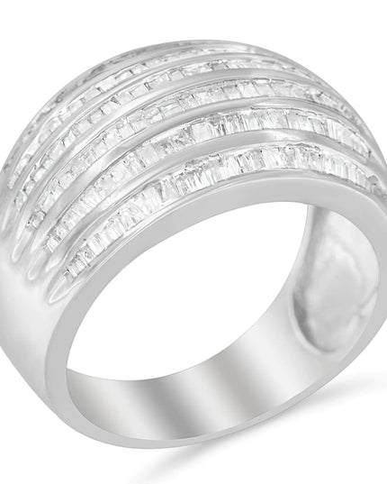 .925 Sterling Silver 1.0 Cttw Baguette-Cut Diamond 6-Row Channel Set Domed Tapered Cocktail Fashion Ring (H-I Color, I2-I3 Clarity)