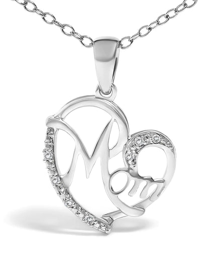 .925 Sterling Silver Cursive Mom Heart Diamond Accent Pendant Necklace (J-K Color, I2-I3 Clarity) - 18" Inches