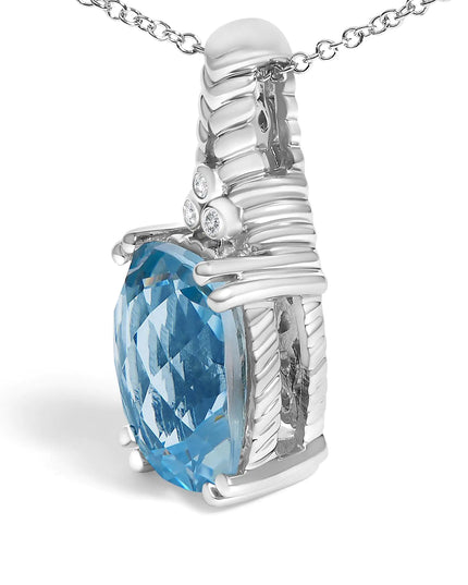 .925 Sterling Silver Blue Topaz and Diamond Accent Textured Pendant Necklace - 18" Inches