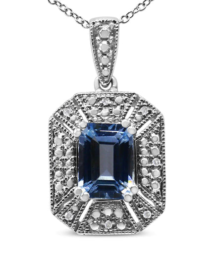 .925 Sterling Silver Blue Topaz and Diamond Accent Art Deco Style 18" Pendant Necklace (I-J Color, I1-I2 Clarity)