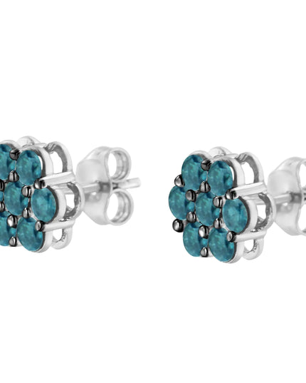 Sterling Silver Treated Blue Diamond Floral Stud Earrings (1 cttw, Blue Color, I2-I3 Clarity)