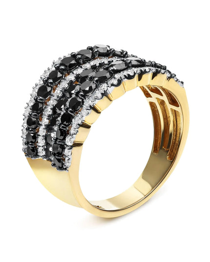 14K Yellow Gold Plated .925 Sterling Silver 1 3/4 Cttw Treated Black and White Alternating Diamond Multi Row Band Ring (Black / I-J Color, I2-I3 Clarity)