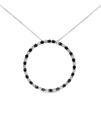 .925 Sterling Silver 3.0 Cttw Alternating Black and White Diamond Open Hoop Circle Pendant Necklace (H-I Color, I3 Clarity) - 18" Inches