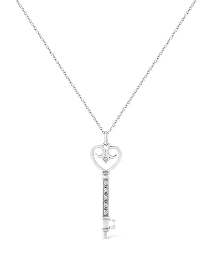 .925 Sterling Silver Pave and Bezel-Set Diamond Accent Key 18" Heart and Lock Pendant Necklace (K-L Color, I1-I2 Clarity)