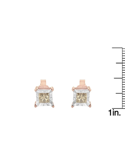 14K Rose Gold Plated Two-Tone .925 Sterling Silver 1/2 Cttw Princess-Cut Square Diamond Solitaire Miracle-Plate Stud Earrings (K-L Color, I2-I3 Clarity)