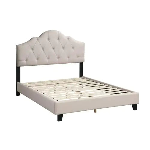 1pc Queen Size Upholstered Bed – Adjustable Headboard, Light Brown Tufted Polyfiber, Wooden Frame