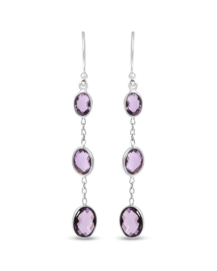 .925 Sterling Silver Checkerboard Cut Oval Purple Amethyst 2" Inch Drop and Dangle Earrings