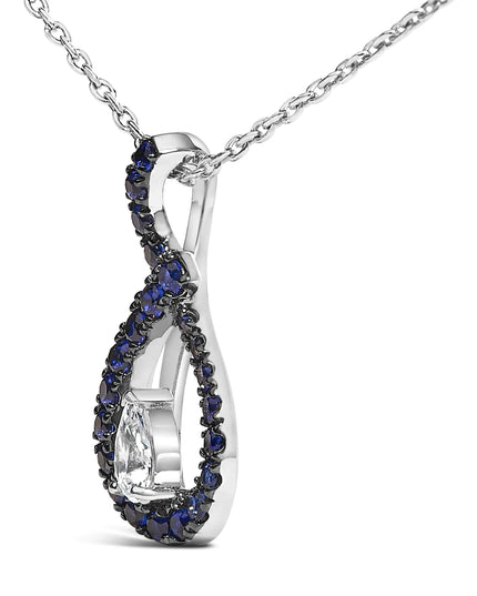 .925 Sterling Silver Created Blue and White Sapphire Teardrop Shaped Pendant Necklace - 18" Inches