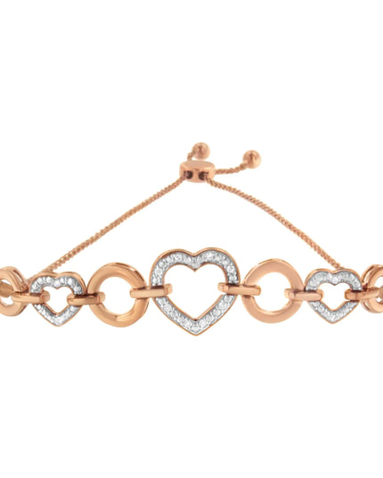 10K Rose Gold over .925 Sterling Silver 1/10 Cttw Round-Cut Diamond Heart Link Adjustable Bolo Bracelet (H-I Color, I2-I3 Clarity) - 6"-9" Adjustable