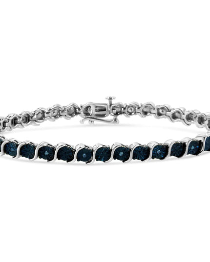 .925 Sterling Silver 1/10 Cttw Miracle-Set Treated Blue Color Diamond Miracle Plate "S" Link Tennis Bracelet (Blue Color, I2- I3 Clarity) - 7.25"
