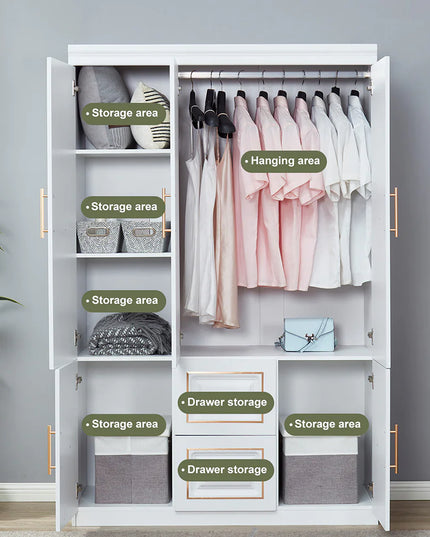 White Freestanding Armoire Wardrobe Closet – 74" H, 3 Doors, 2 Drawers, Hanging Rod & Shelves for Clothes Storage