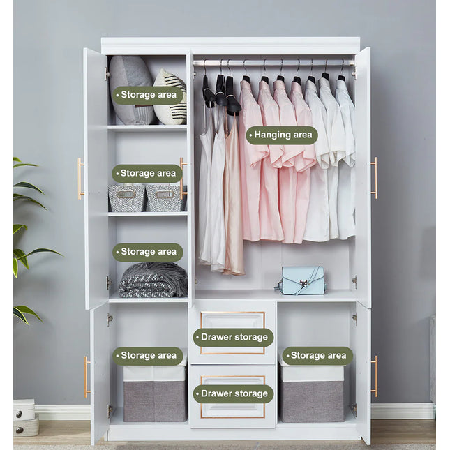 Freestanding White Armoire Wardrobe 74" H 3 Doors 2 Drawers Organizer