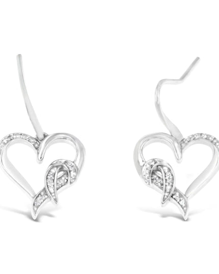 Sterling Silver Round Cut Diamond Heart Dangle Earrings (0.09 cttw, H-I Color, I1-I2 Clarity)