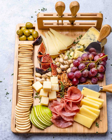 Bamboo Cheese Board Set - 14x11 Inch With 4 Knives - Wood Tray