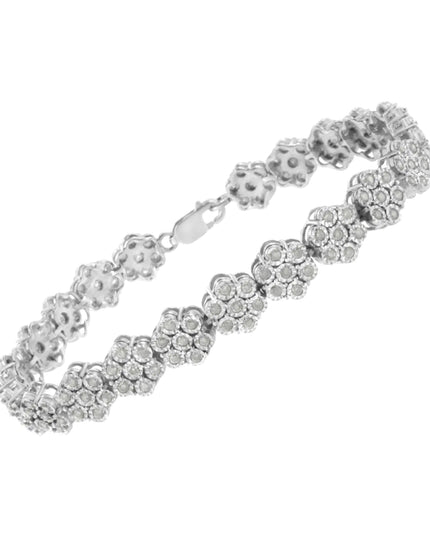 .925 Sterling Silver 2.0 cttw Diamond 7 Stone Floral Cluster Link Bracelet (I-J Color, I3 Clarity) -7.25"