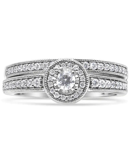 .925 Sterling Silver 1/2 Ctw Diamond Halo and Milgrain Engagement Ring Bridal Set (I-J Color, I3 Clarity)