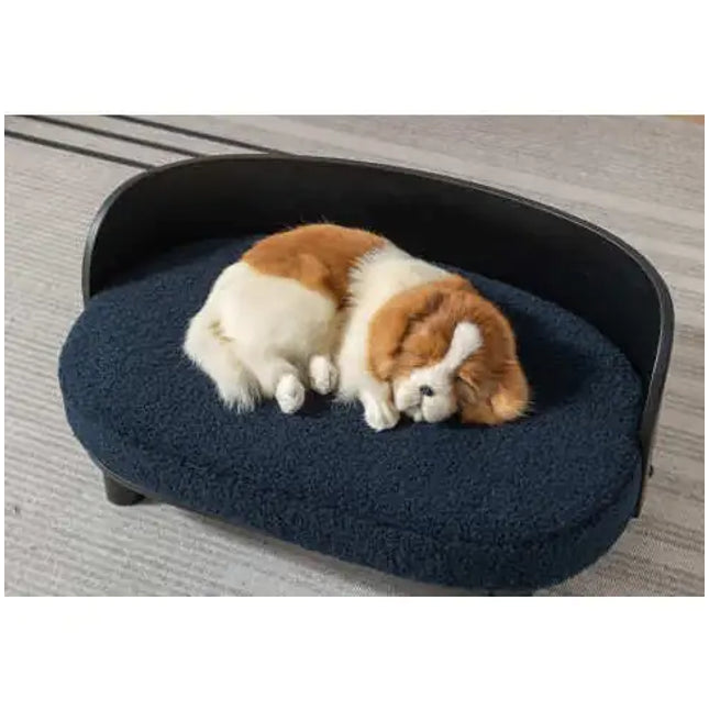 Scandinavian Style Elevated Dog Bed Pet Sofa With Solid Wood Legs And Bent Wood Back, Velvet Cushion, Dark Blue