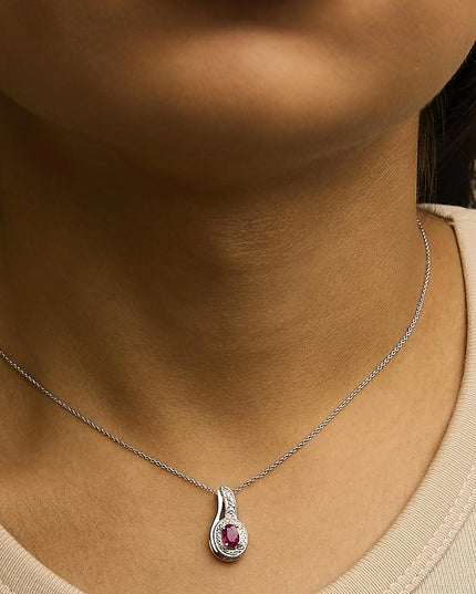 .925 Sterling Silver Red Ruby and Diamond Accent Milgrain Swirl Pendant Necklace - 18" Inches