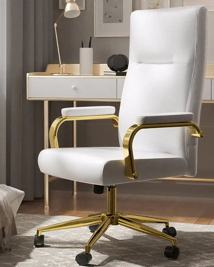 White Leather High Back Executive Office Chair With Gold Arms And Wheels
