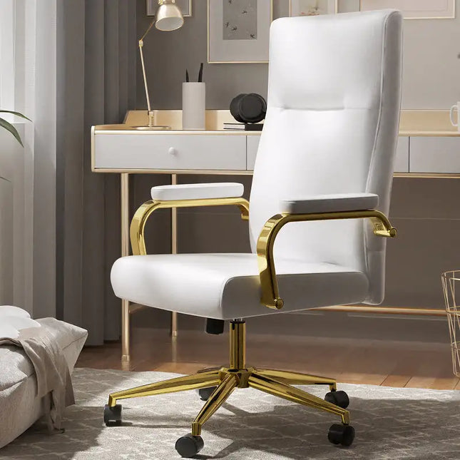 White Leather High Back Executive Office Chair With Gold Arms And Wheels