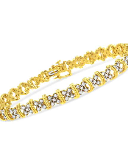 10K Yellow Gold Plated .925 Sterling Silver 2.0 Cttw Round Diamond Cluster "X" Shaped Link Bracelet (H-I Color, I3 Clarity) - 7"