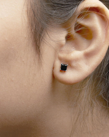14K White Gold Princess-Cut Treated Black Diamond Classic 4-Prong Stud Earrings - Pushback