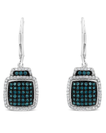 Black Rhodium over .925 Sterling Silver ¾ Cttw Blue and White Diamond Cushion Shaped Dangle Earrings (Enhanced Blue & I-J Color, I2-I3 Clarity)