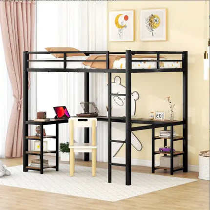Metal Loft Bed With Desk, Shelves, Ladder, Guardrails - Black & Vintage Wood - Full Size