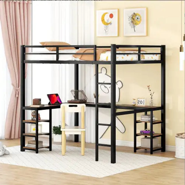 Metal Loft Bed With Desk, Shelves, Ladder, Guardrails - Black & Vintage Wood - Full Size