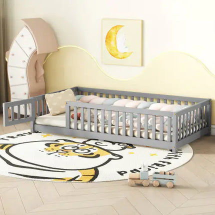 Twin Floor Bed With Safety Guardrails And Door, Gray