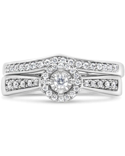 .925 Sterling Silver 1/3 Cttw Diamond Halo and Pave Shank Engagement Ring Set (I-J Color, I3 Clarity)