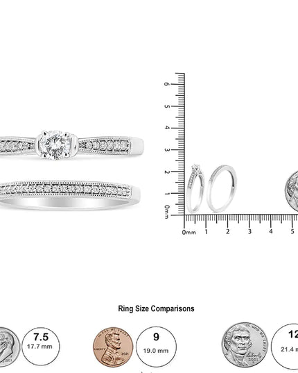.925 Sterling Silver 1/3 Cttw Diamond Classic Engagement Ring Bridal Set with Milgrain (I-J Color, I3 Clarity)