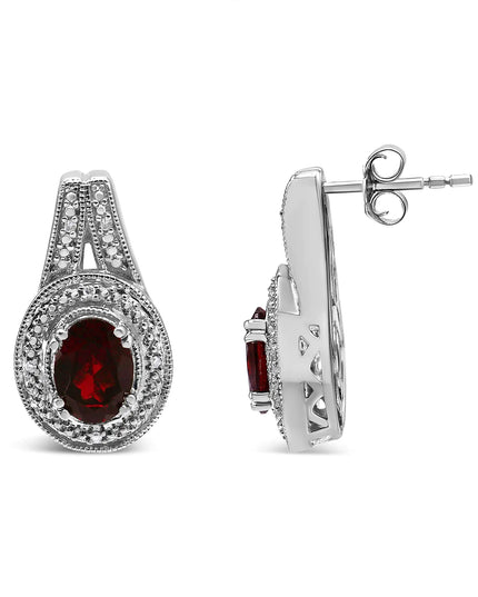 .925 Sterling Silver Diamond Accent and 8x6mm Red Oval Garnet Stud Earrings (I-J Color, I1-I2 Clarity)