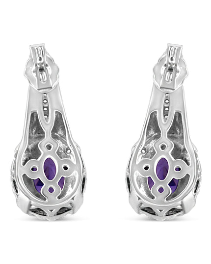 .925 Sterling Silver 8x6 MM Natural Oval Purple Amethyst Gemstone and Diamond Accent Art Deco Style Drop and Dangle Earrings (I-J Color, I1-I2 Clarity)