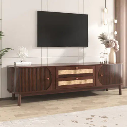 75'' Rattan TV Stand, Modern Farmhouse Media Console, Solid Wood Legs, TV Cabinet For Living Room